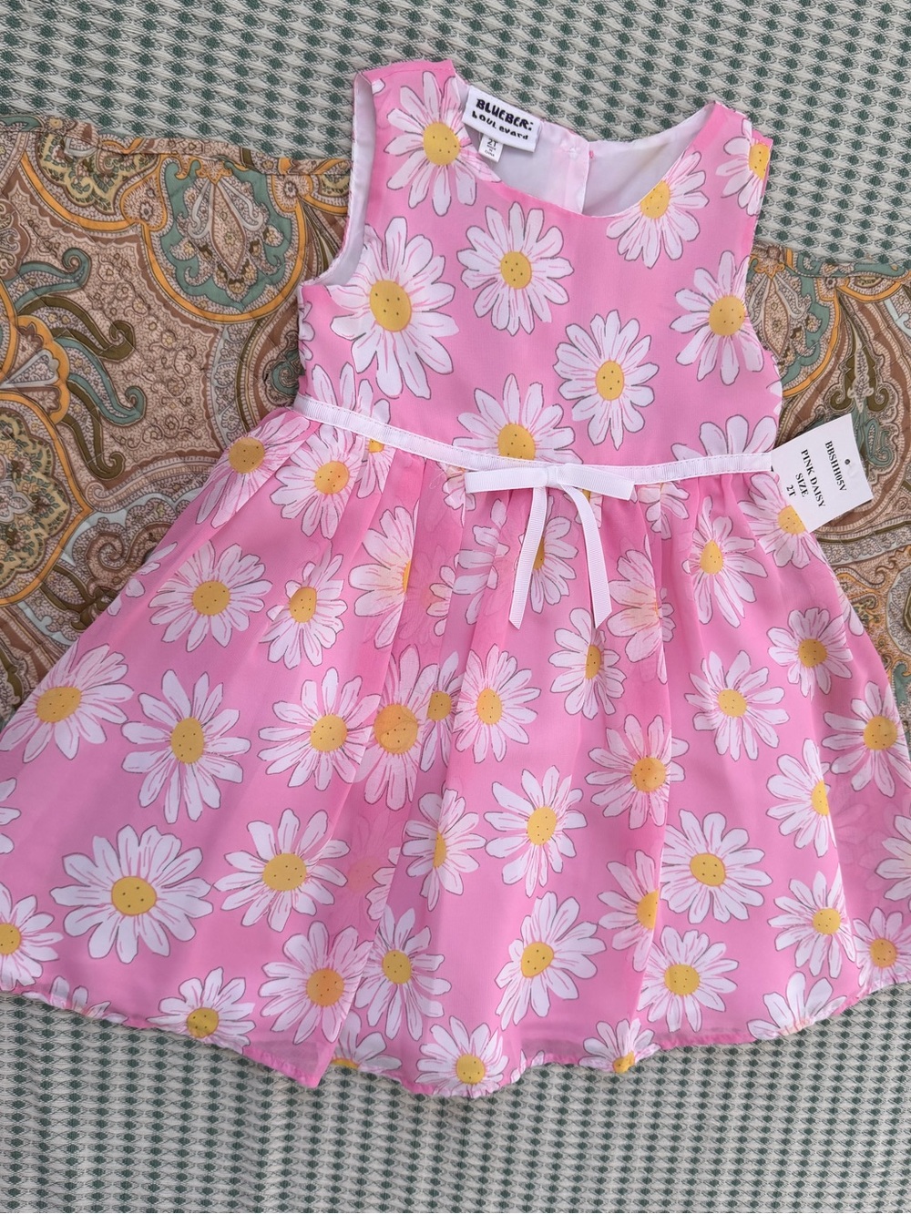 New Blueberi Boulevard Pink Daisy Bow-Accent Sleeveless Dress 2T Toddler Girl